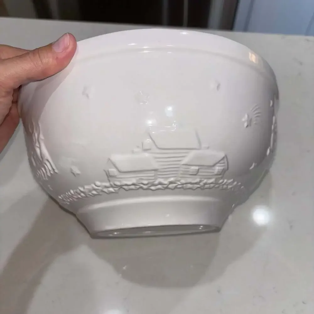 White Ceramic Embossed Christmas Bowl with Santa Sleigh and Cabin
